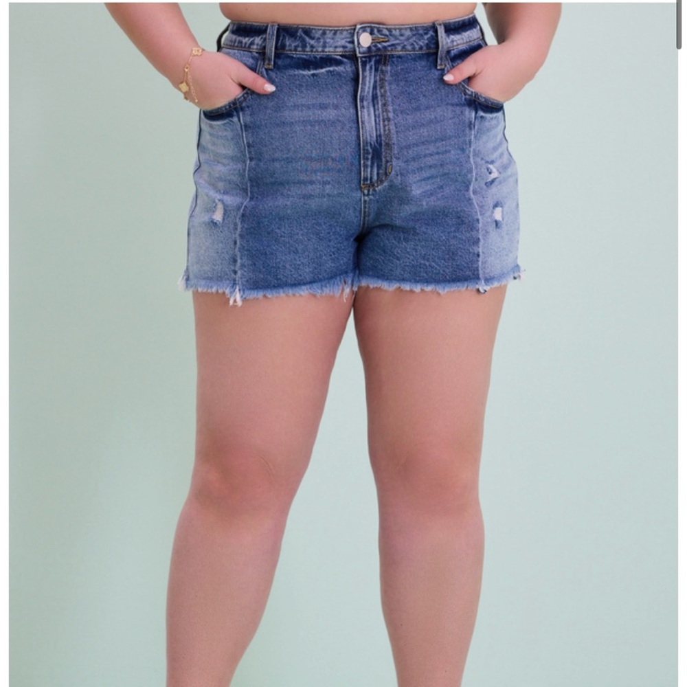 Arula Unique Two Tone Blue Denim Jean Shorts High Rise Raw Hem NWT 1X Cotton